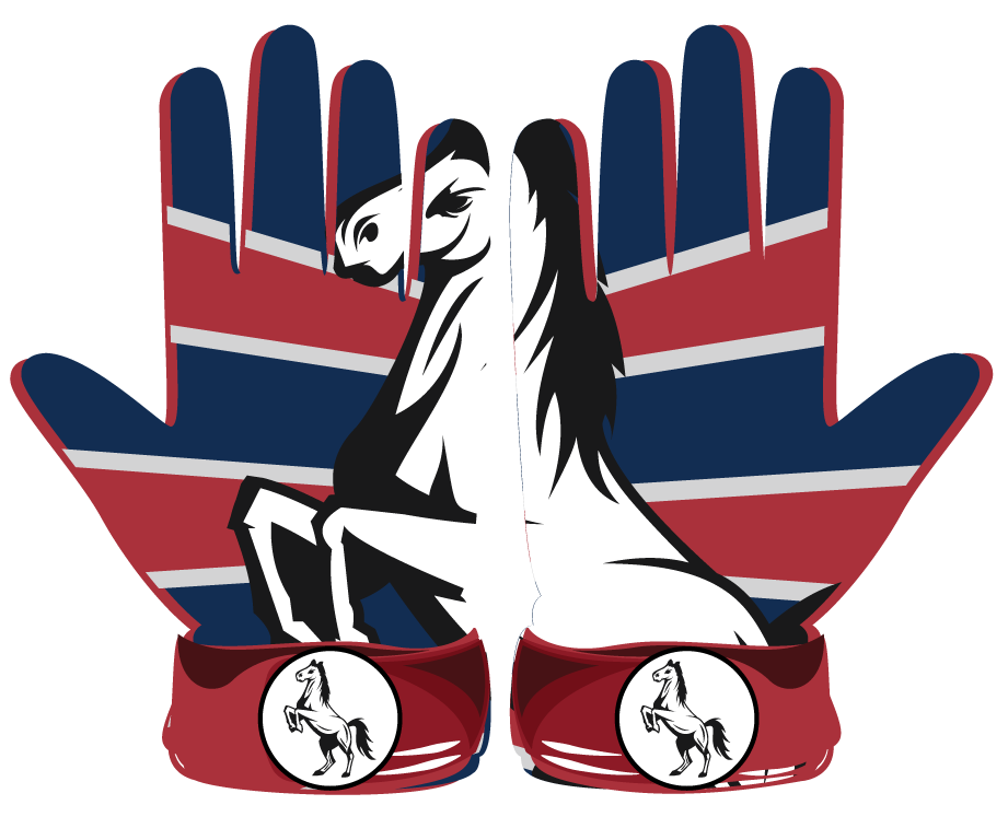 White Mustang gloves with leather front, blue and red background design, neoprene cuff, and horse graphic on the wrist strap for athletic performance